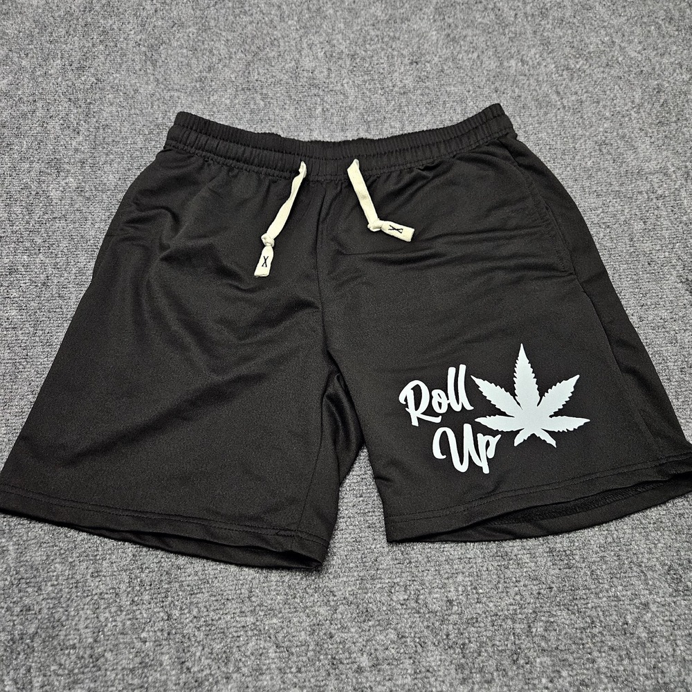 Rollup Cannabis Shorts Mens Medium Black Leaf Graphic Athletic Lounge Gym Trees